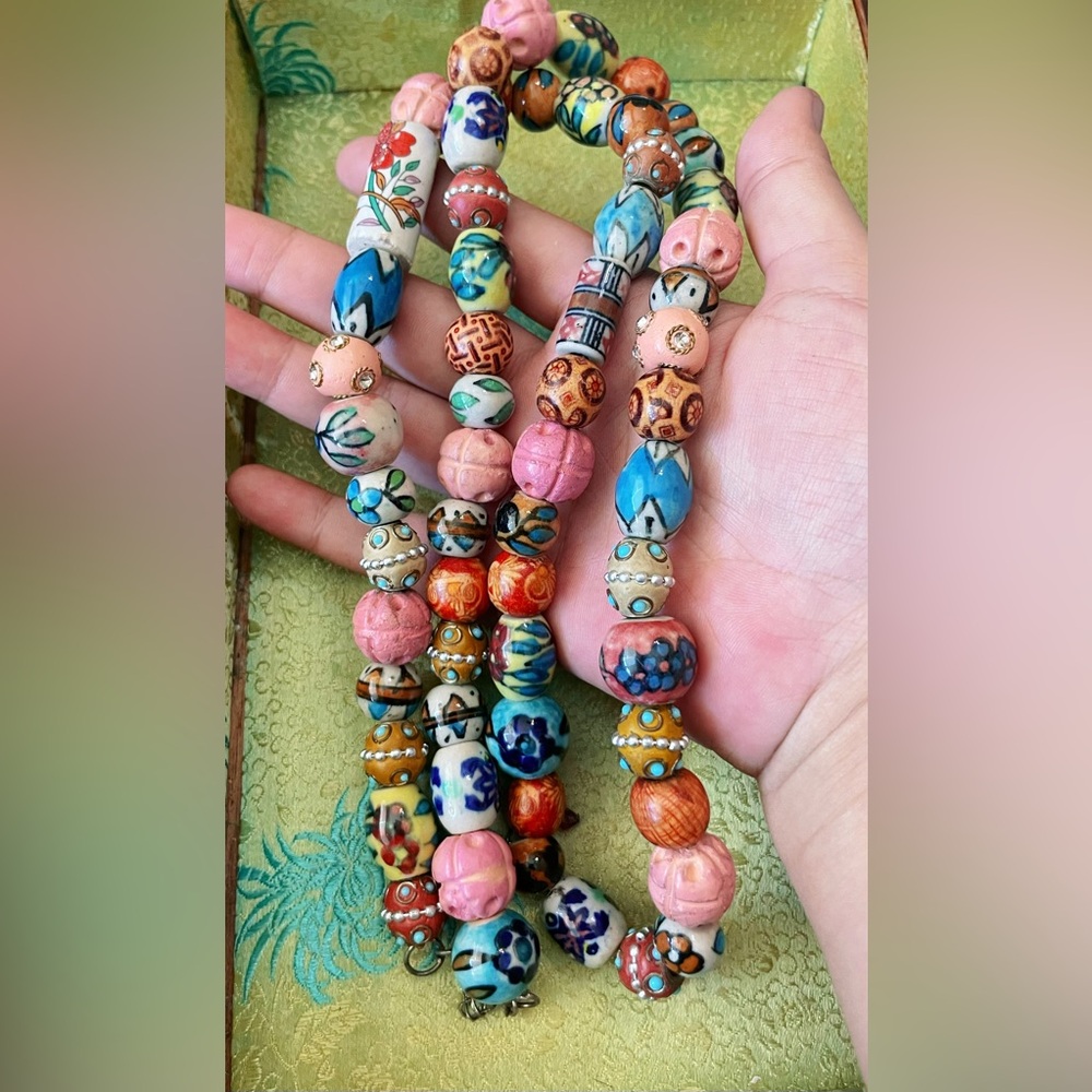 Vintage Handcrafted Chinese Porcelain Bead Necklace Ceramic Enamel Floral - Picture 8 of 12